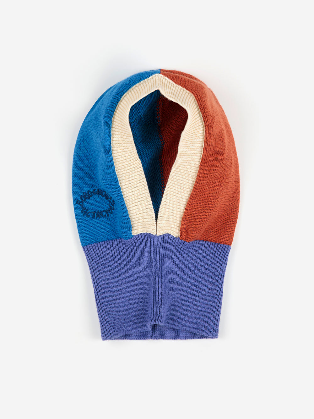 Balaclava Bobo Choses tricotée en coton bleu, rouge, violet et crème 