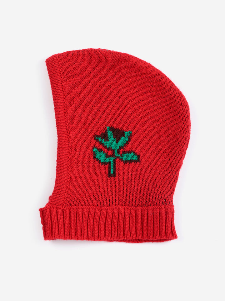 Balaclava Bobo Choses tricotée en acrylique rouge avec fleur verte