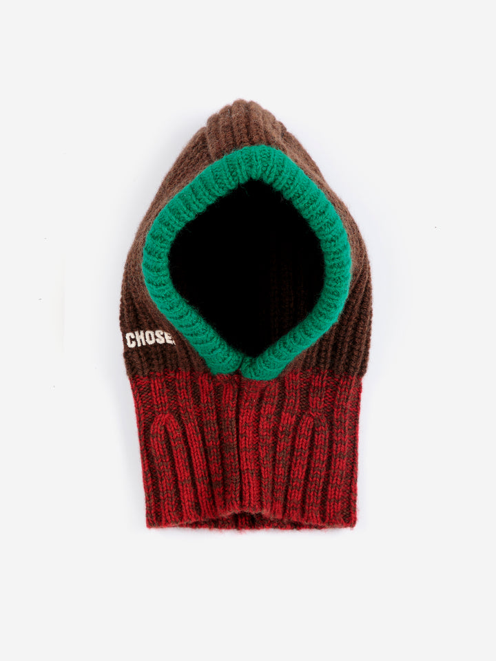 Balaclava tricotée en laine brun, rouge et vert