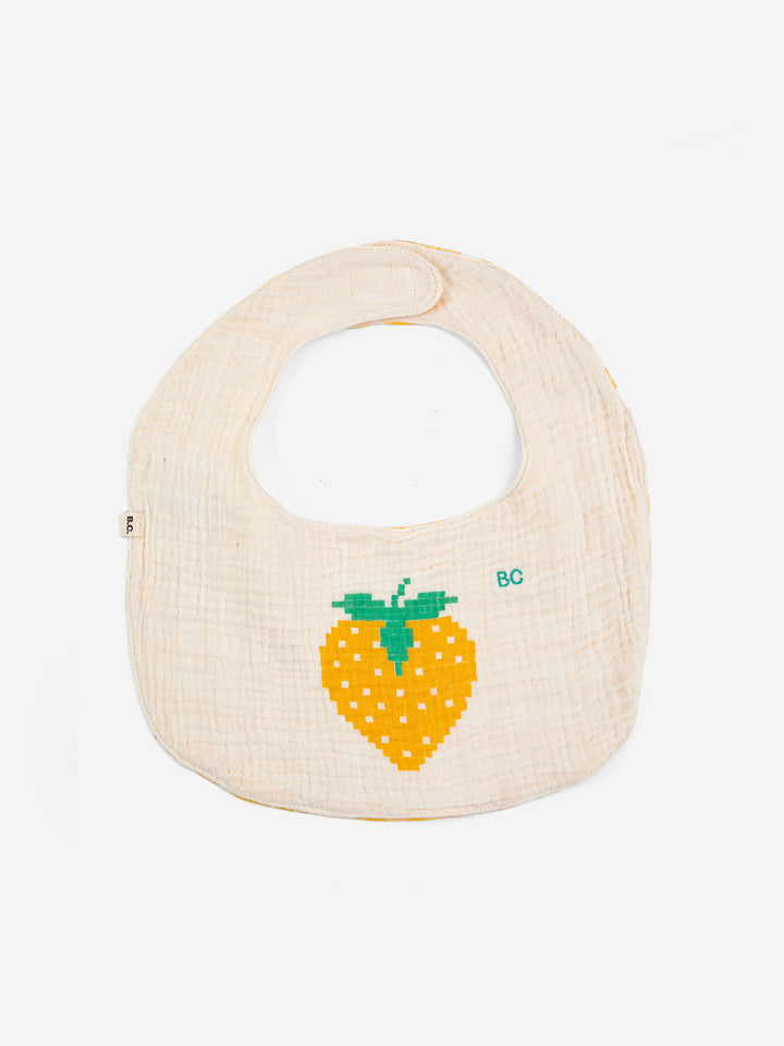 Bavoir Bobo Choses en coton blanc avec motif fraise jaune