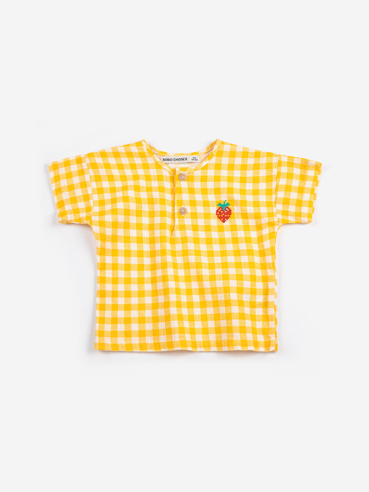Blouse Bobo Choses en coton carré jaune et blanc avec fraise brodée