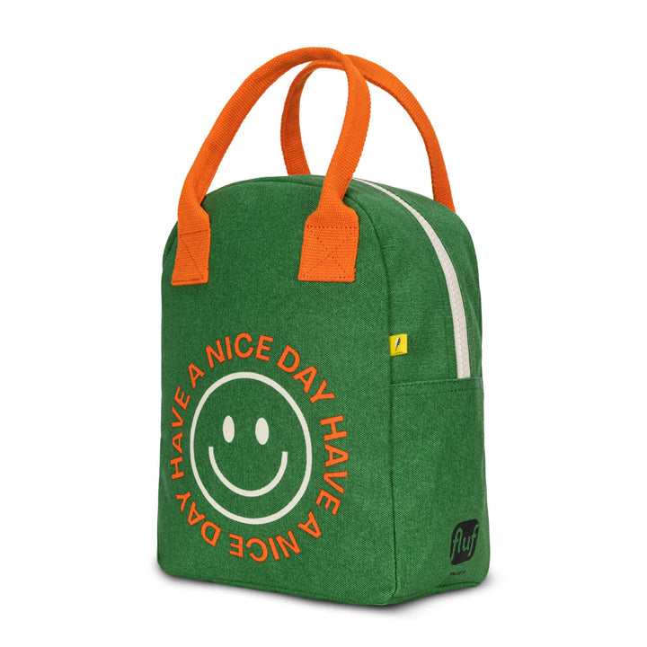 Boîte à lunch Fluf en coton vert et orange avec imprimé Have a Nice Day