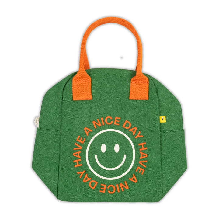 Boîte à lunch Fluf en coton vert et orange avec imprimé Have a Nice Day