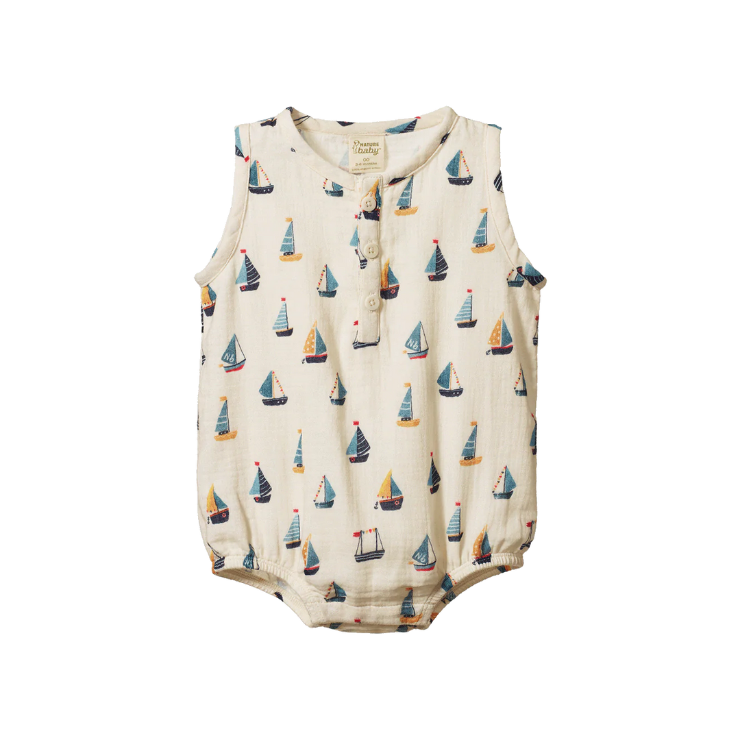 Body Nature Baby en mousseline écru avec voiliers 