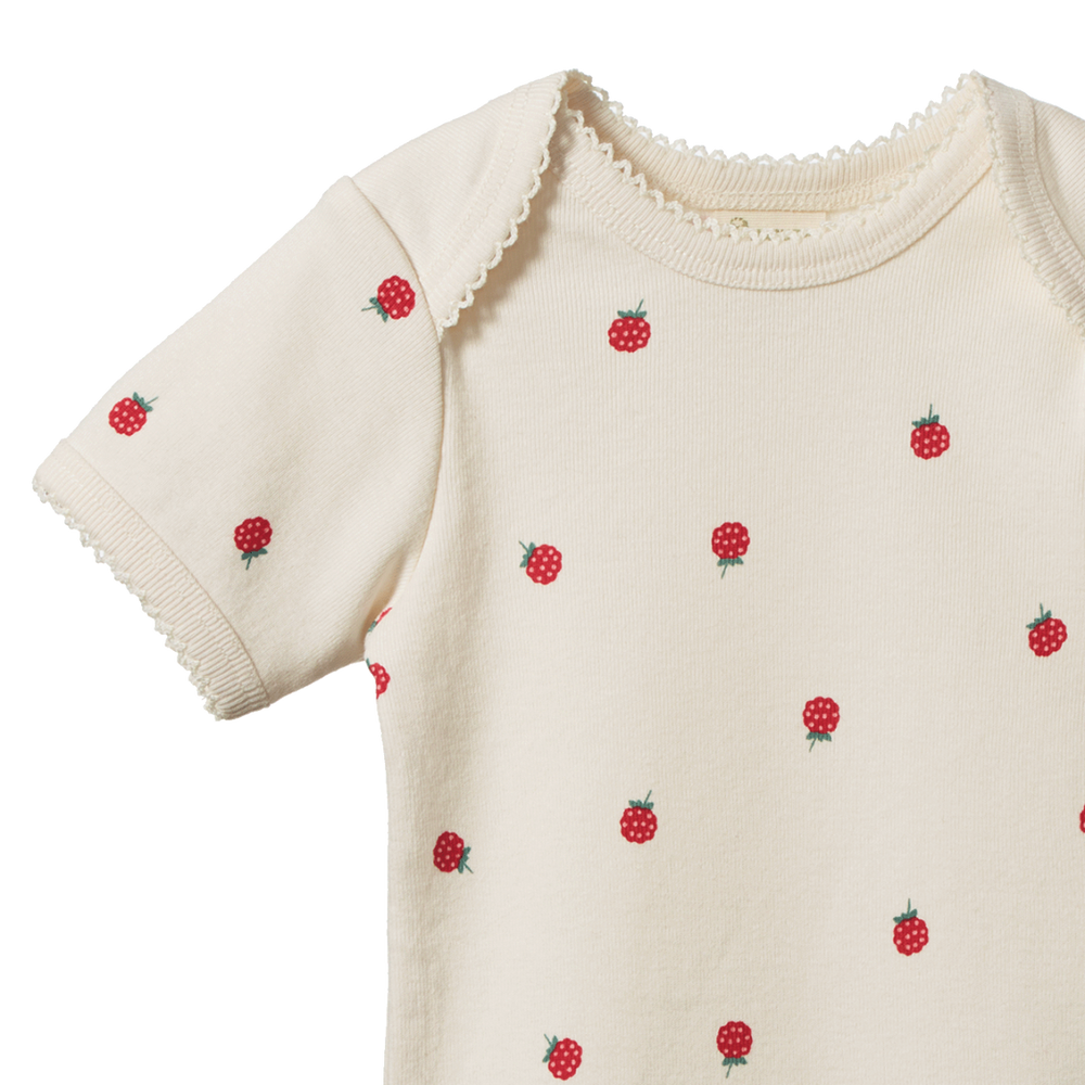 Body manches courtes en coton écru avec imprimé framboises