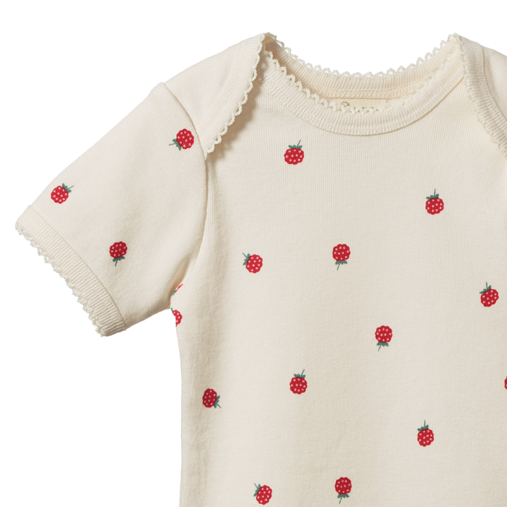 Body manches courtes en coton écru avec imprimé framboises