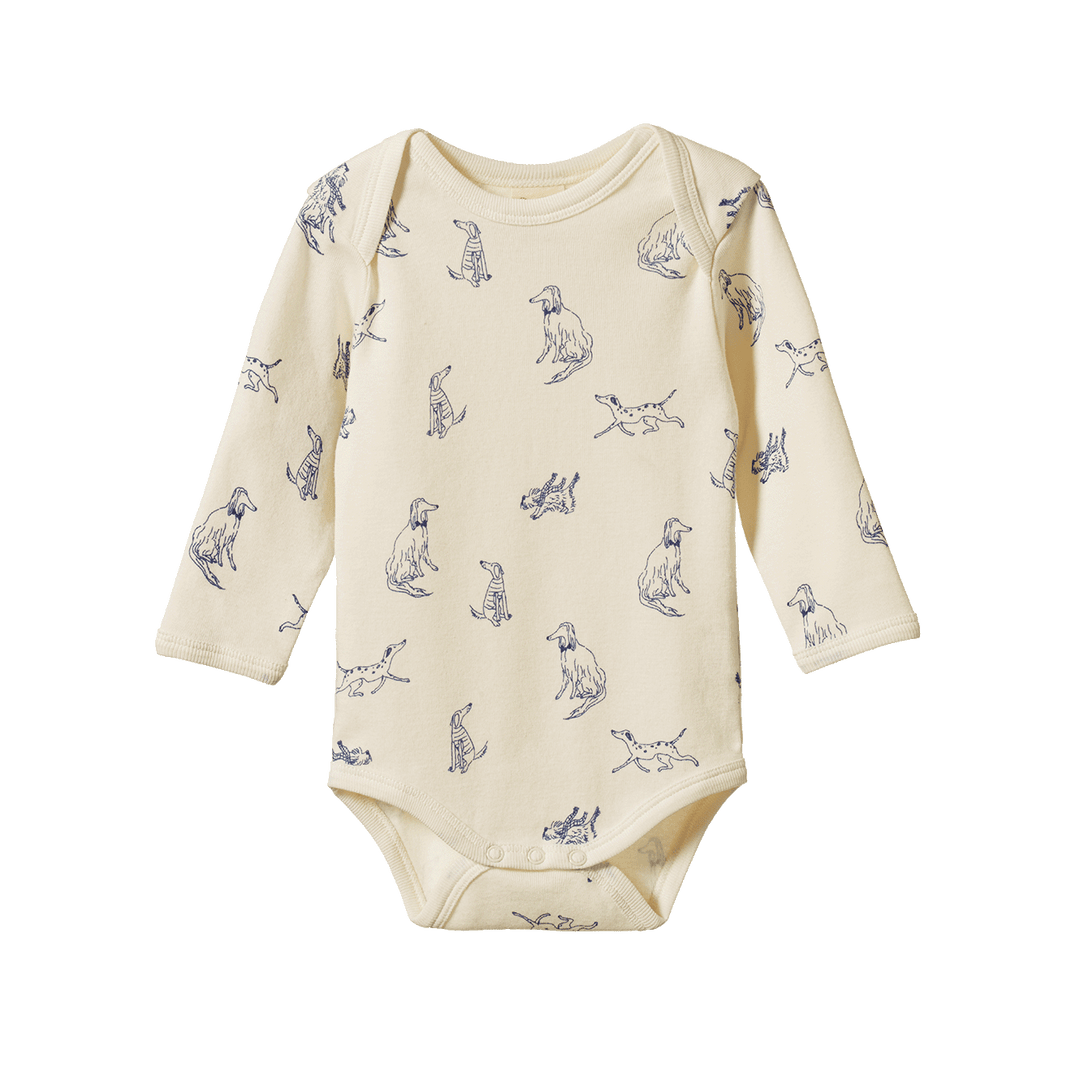 Body manches longues en coton blanc avec imprimé chiens bleus