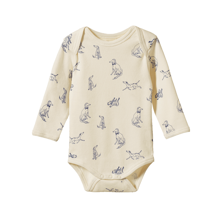 Body manches longues en coton blanc avec imprimé chiens bleus