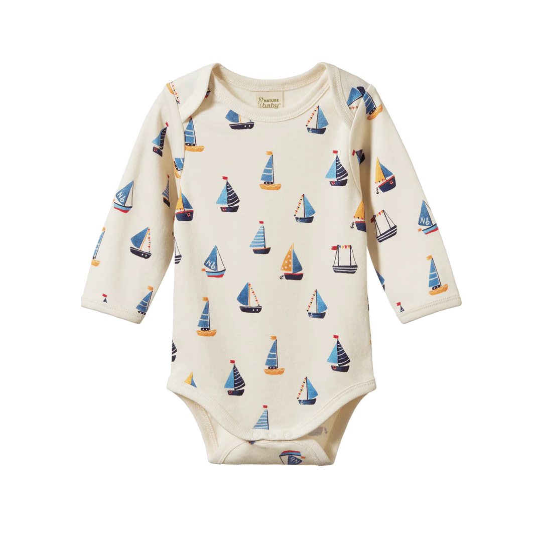 Body manches longues en coton blanc avec imprimé voiliers 