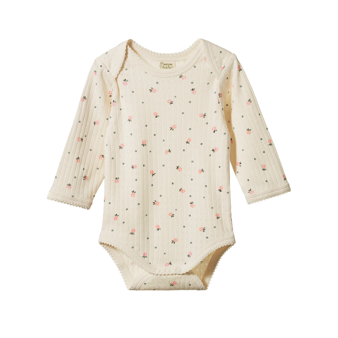Body manches longues pointelle blanc avec imprimé fleurs roses