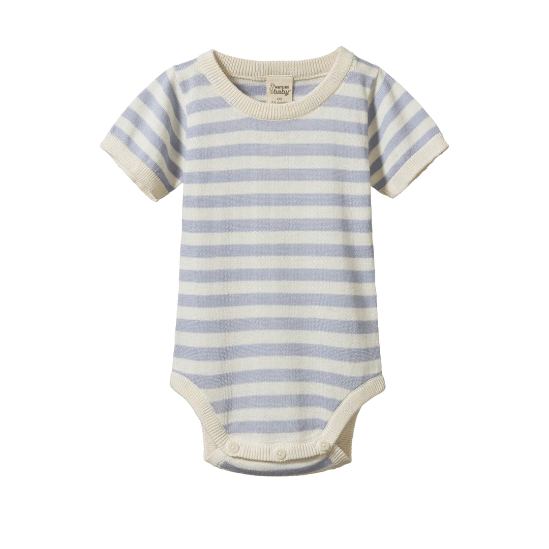 Body tricoté manches courtes Nature Baby en coton rayé bleu pâle 