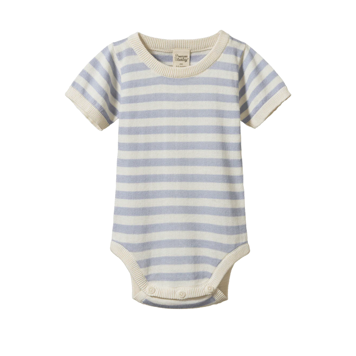 Body tricoté manches courtes Nature Baby en coton rayé bleu pâle 