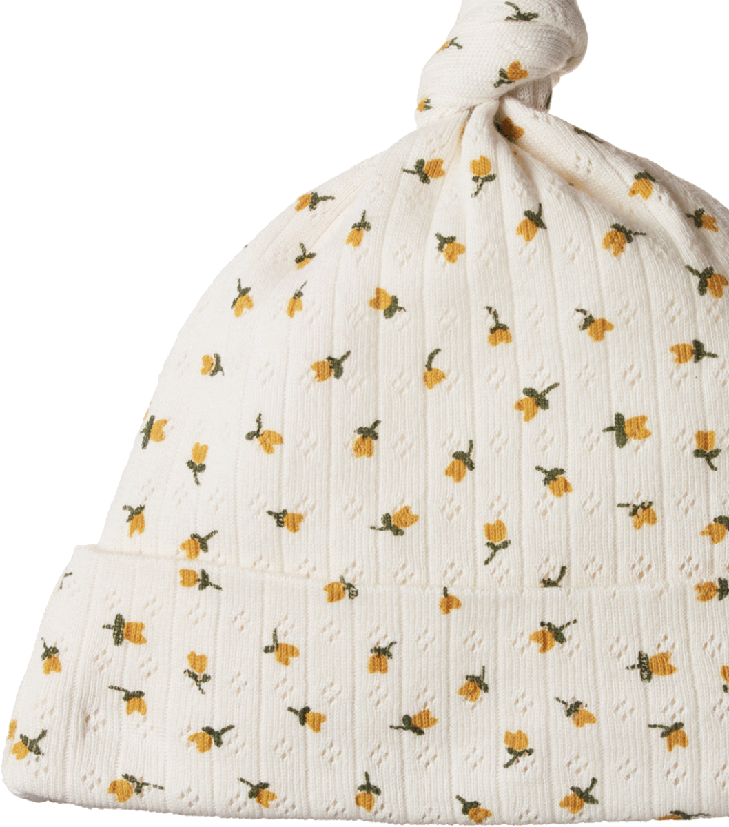 Bonnet noué pointelle en coton beige avec imprimé tulipes jaunes