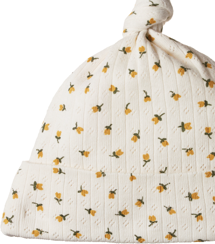 Bonnet noué pointelle en coton beige avec imprimé tulipes jaunes