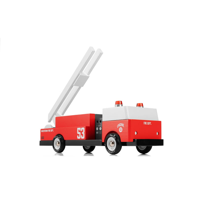 Camion de pompiers en bois rouge et blanc
