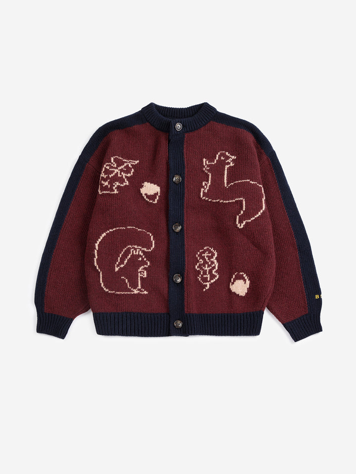 Cardigan Bobo Choses bourgogne et bleu avec motif fôret