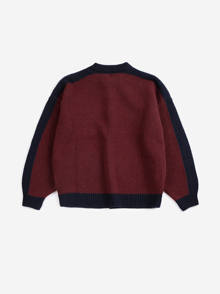 Cardigan Bobo Choses bourgogne et bleu avec motif fôret