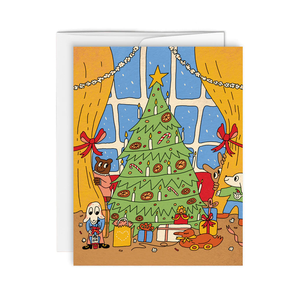 Carte de souhaits illustré sapin de Noël et animaux