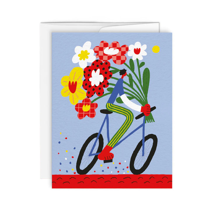 Carte de souhaits avec illustration de cycliste avec des fleurs 