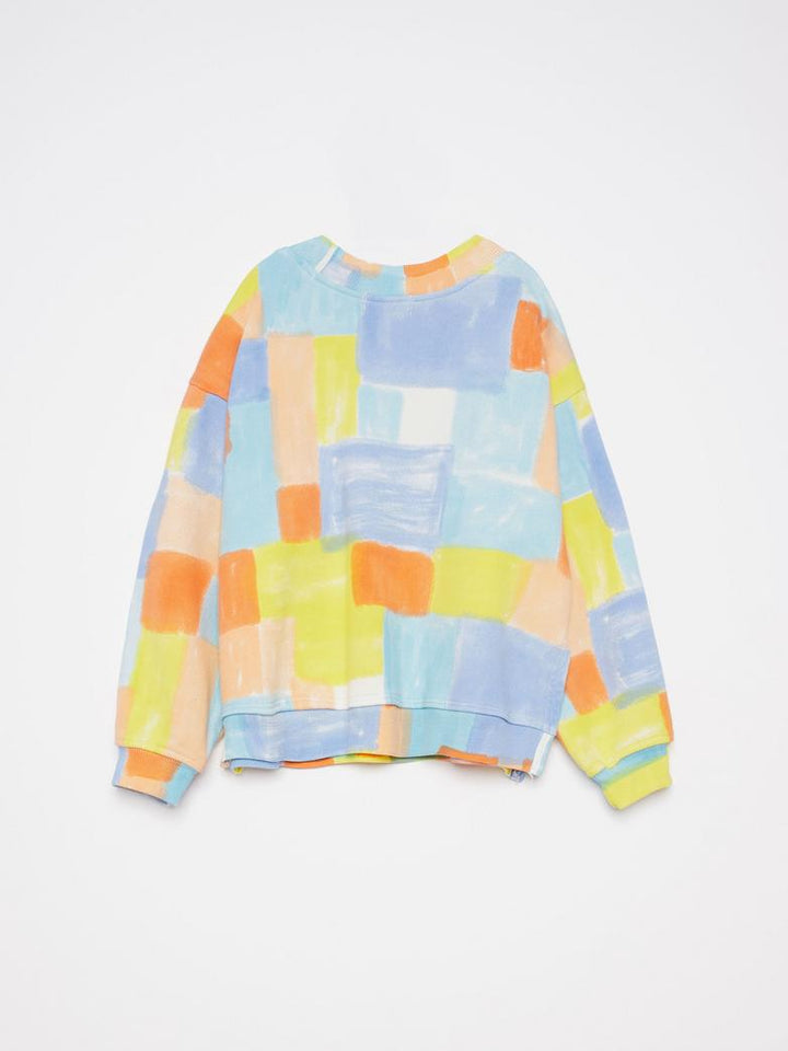 Dos de Chandail True Artist en coton ouaté coloré jaune, orange, bleu et blanc