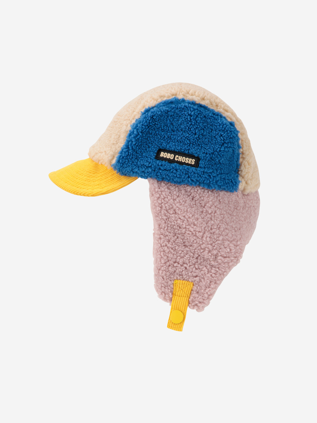 Chapka Bobo Choses en peau de mouton bleu, mauve, jaune et beige