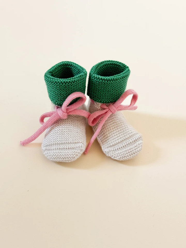 Chaussons de laine de mérinos Crème, Herbe et rose