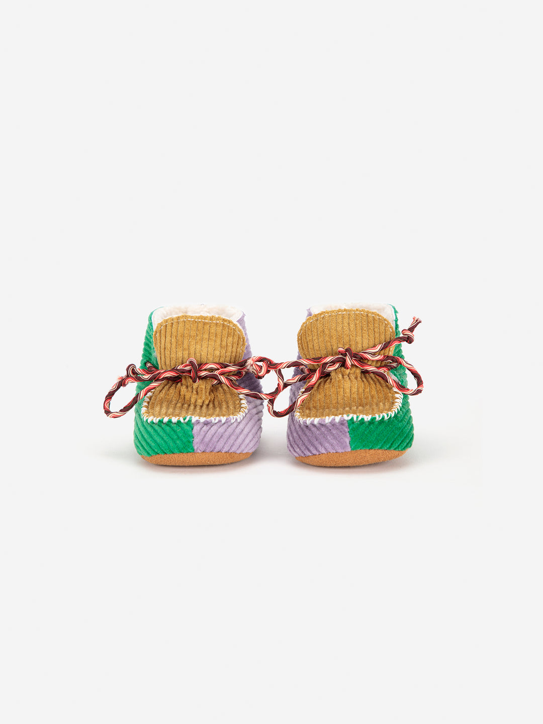 Chaussons en velours côtelé brun, vert et mauve