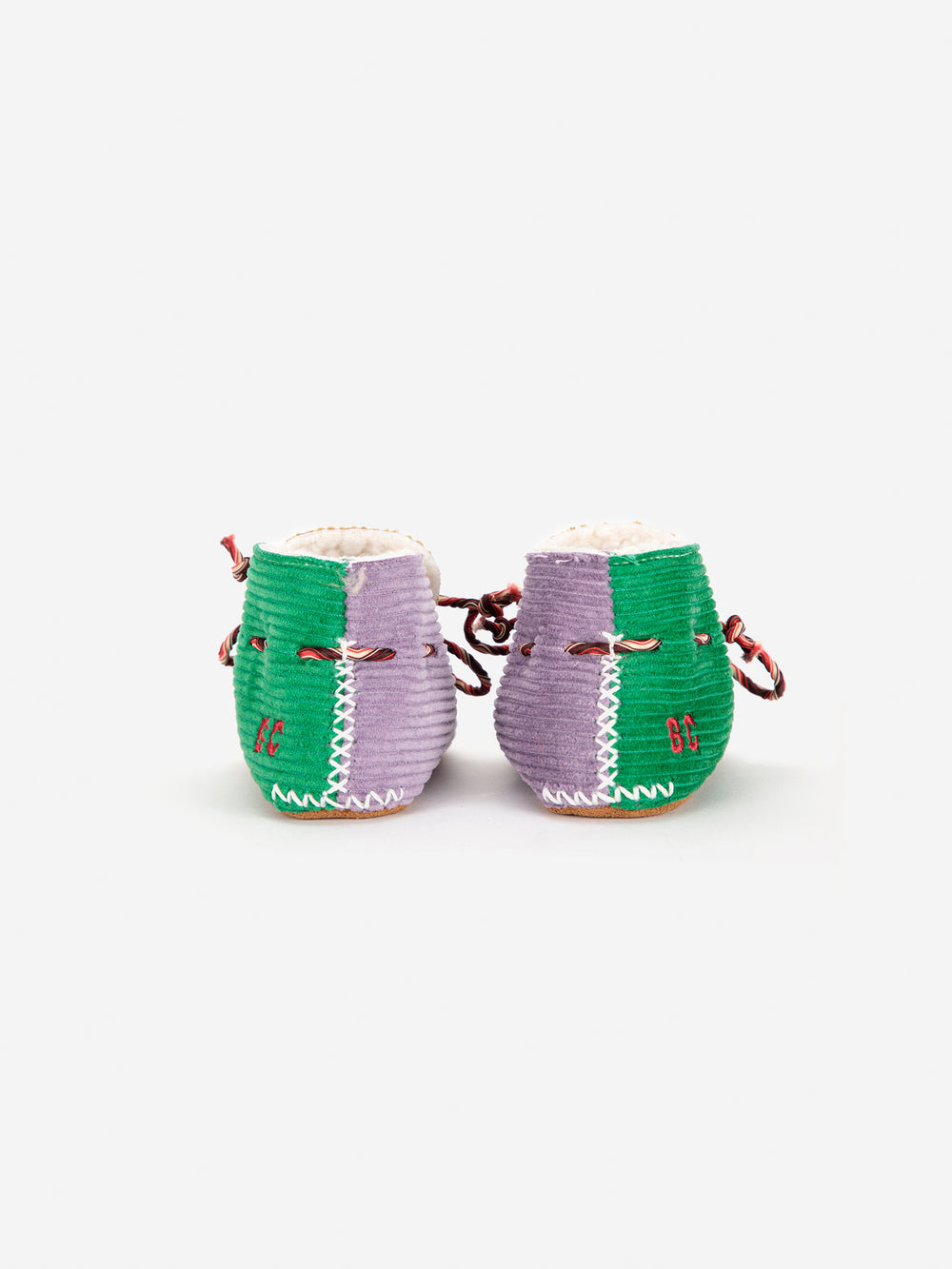 Chaussons en velours côtelé brun, vert et mauve