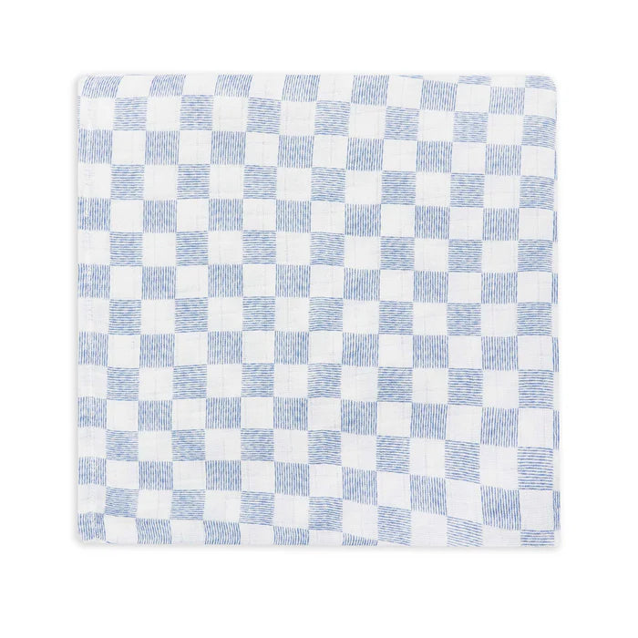Couverture d'emmaillotage en coton carrés blancs et bleus 