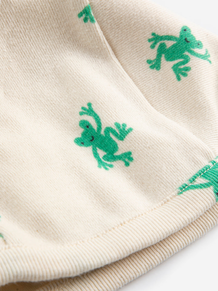 Détail de Bonnet Bobo Choses en coton écru imprimé grenouilles 
