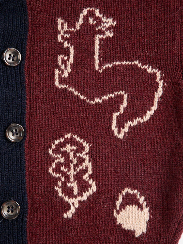 Détail de Cardigan Bobo Choses bourgogne et bleu avec motif forêt