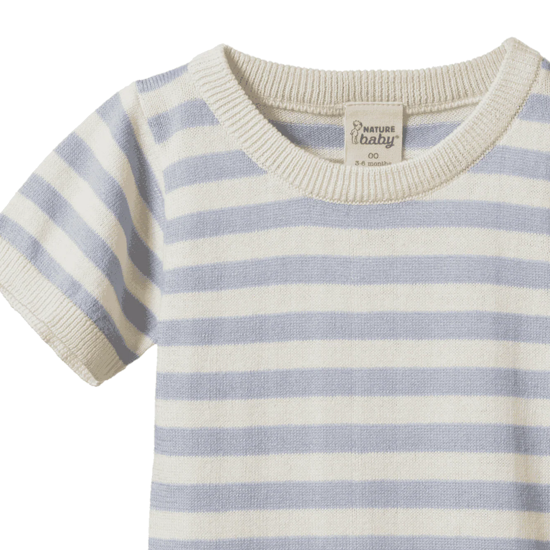 Détail de Body tricoté manches courtes Nature Baby en coton rayé bleu pâle 