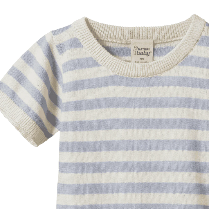 Détail de Body tricoté manches courtes Nature Baby en coton rayé bleu pâle 
