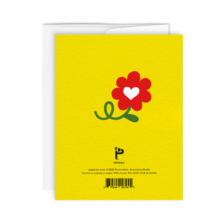 Dos de Carte de souhaits avec illustration de cycliste avec des fleurs 