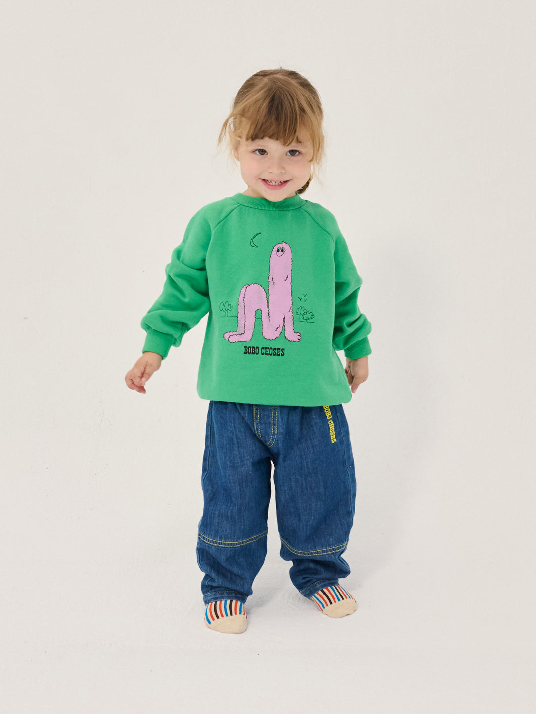 Enfant avec Chandail Bobo Choses en coton vert avec imprimé monstre rose