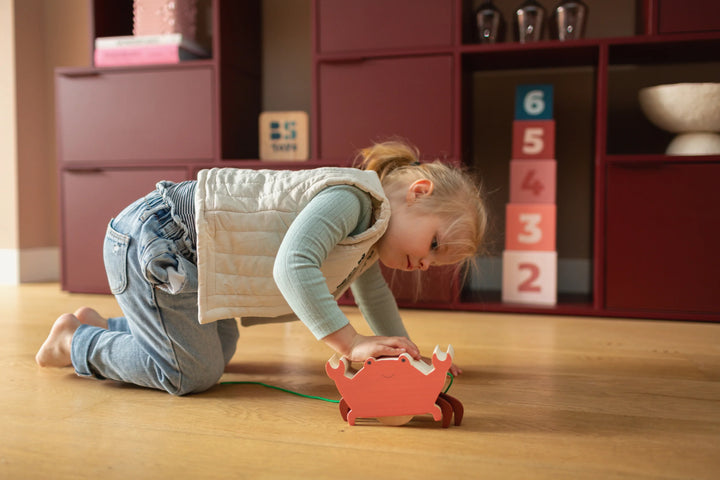 Enfant avec Crabe à tirer en bois