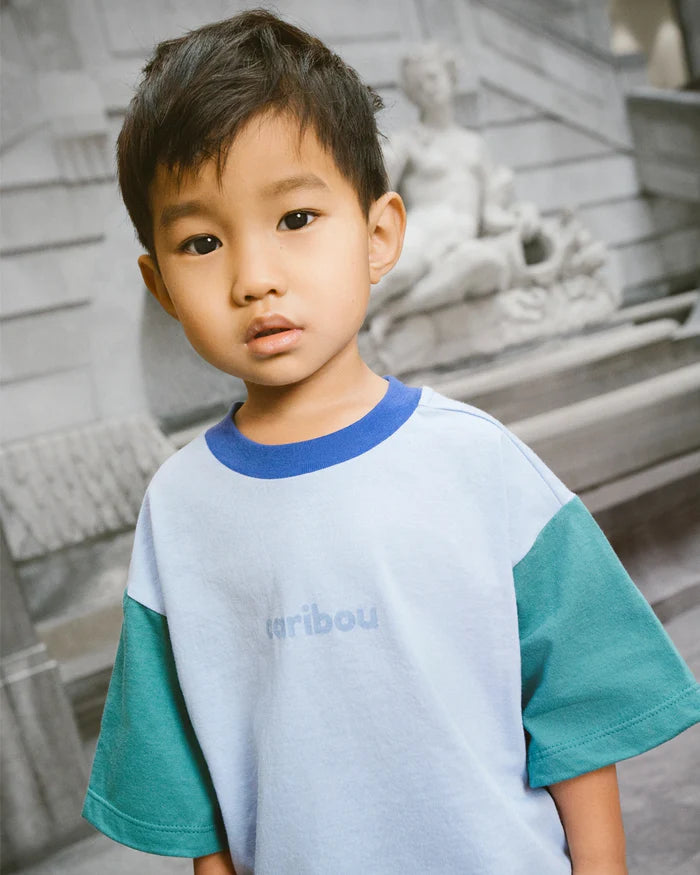 Enfant avec T-shirt Caribou en coton bleu claire avec manches vert et col bleu royale