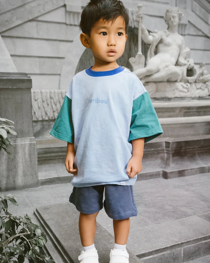 Enfant avec T-shirt Caribou en coton bleu claire avec manches vert et col bleu royale