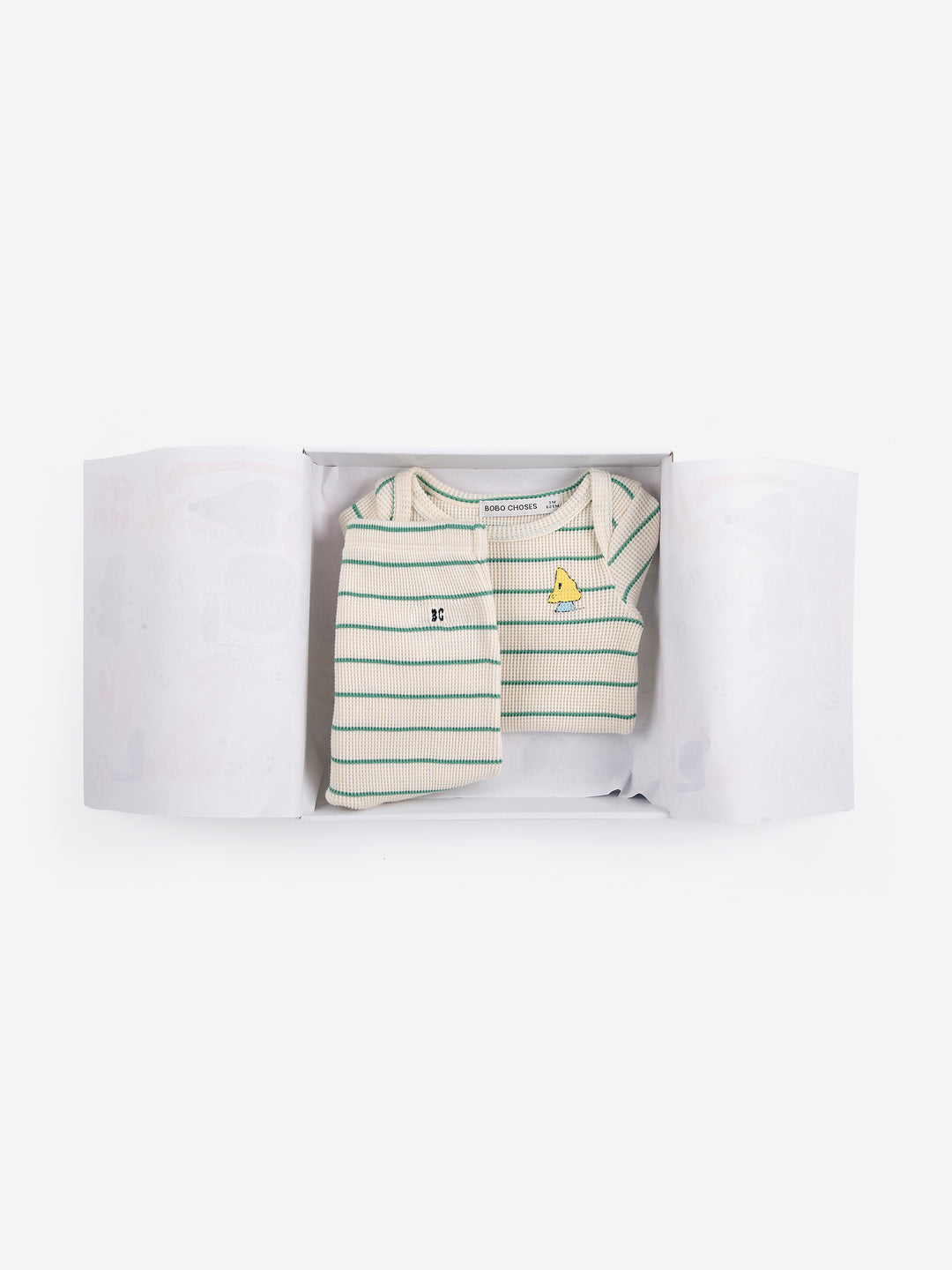 Ensemble cadeau de naissance Bobo Choses en coton rayé blanc et vert 