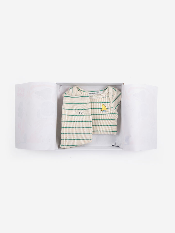 Ensemble cadeau de naissance Bobo Choses en coton rayé blanc et vert 