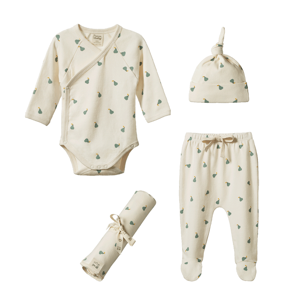 Ensemble cadeau de naissance Nature Baby en coton naturel avec imprimé petite poires