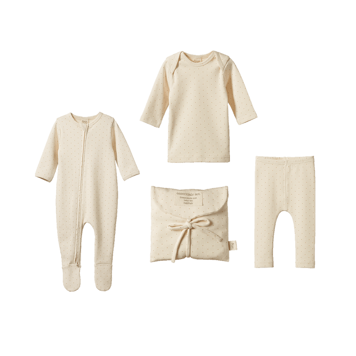 Ensemble cadeau de naissance Nature Baby en coton naturel avec points caramel