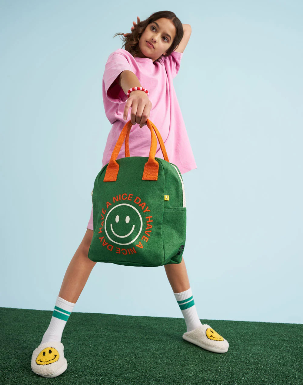 Fille avec Boîte à lunch Fluf en coton vert et orange avec imprimé Have a Nice Day