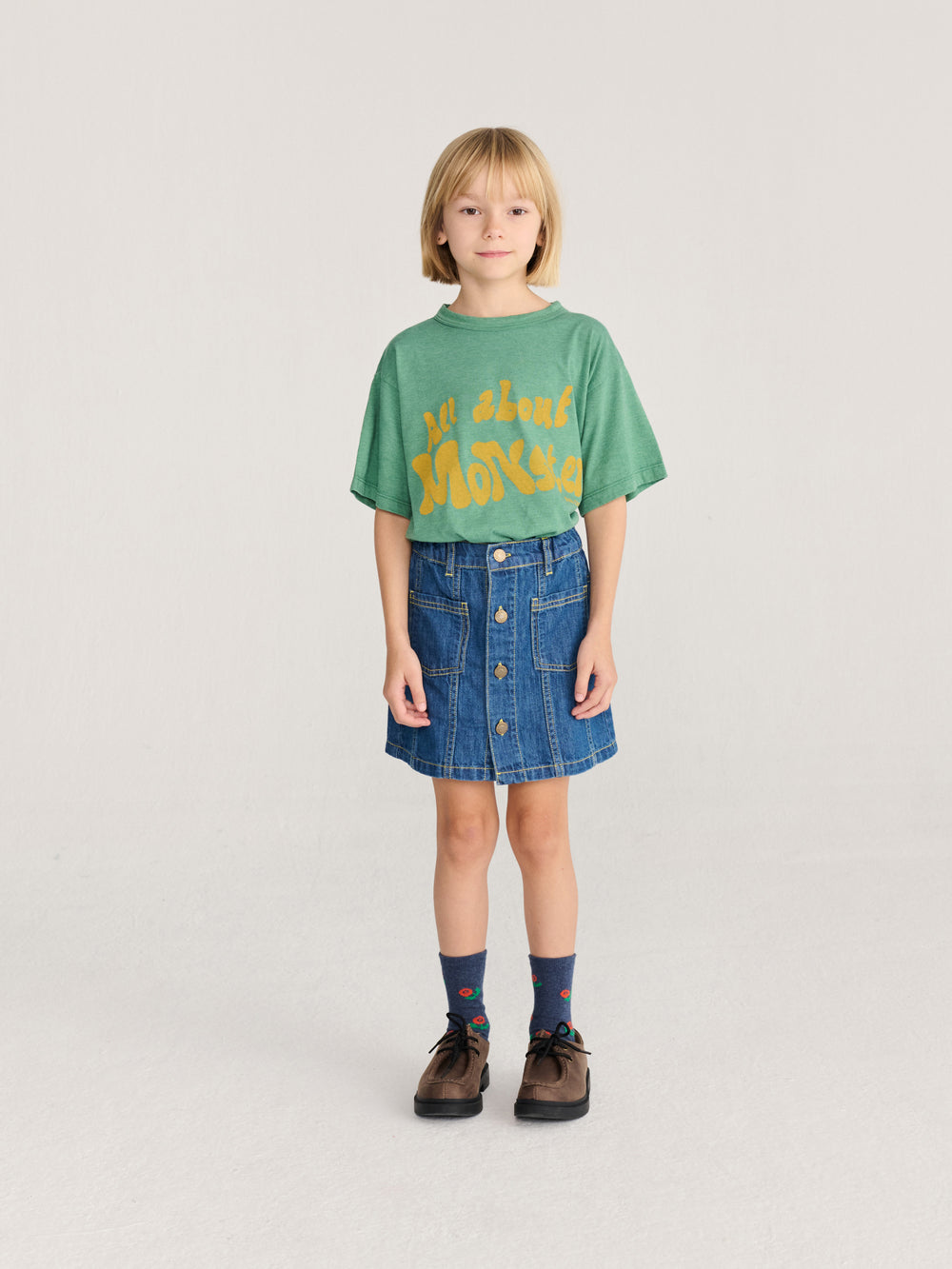 Fille avec T-shirt Bobo Choses en coton vert avec imprimé All about monsters