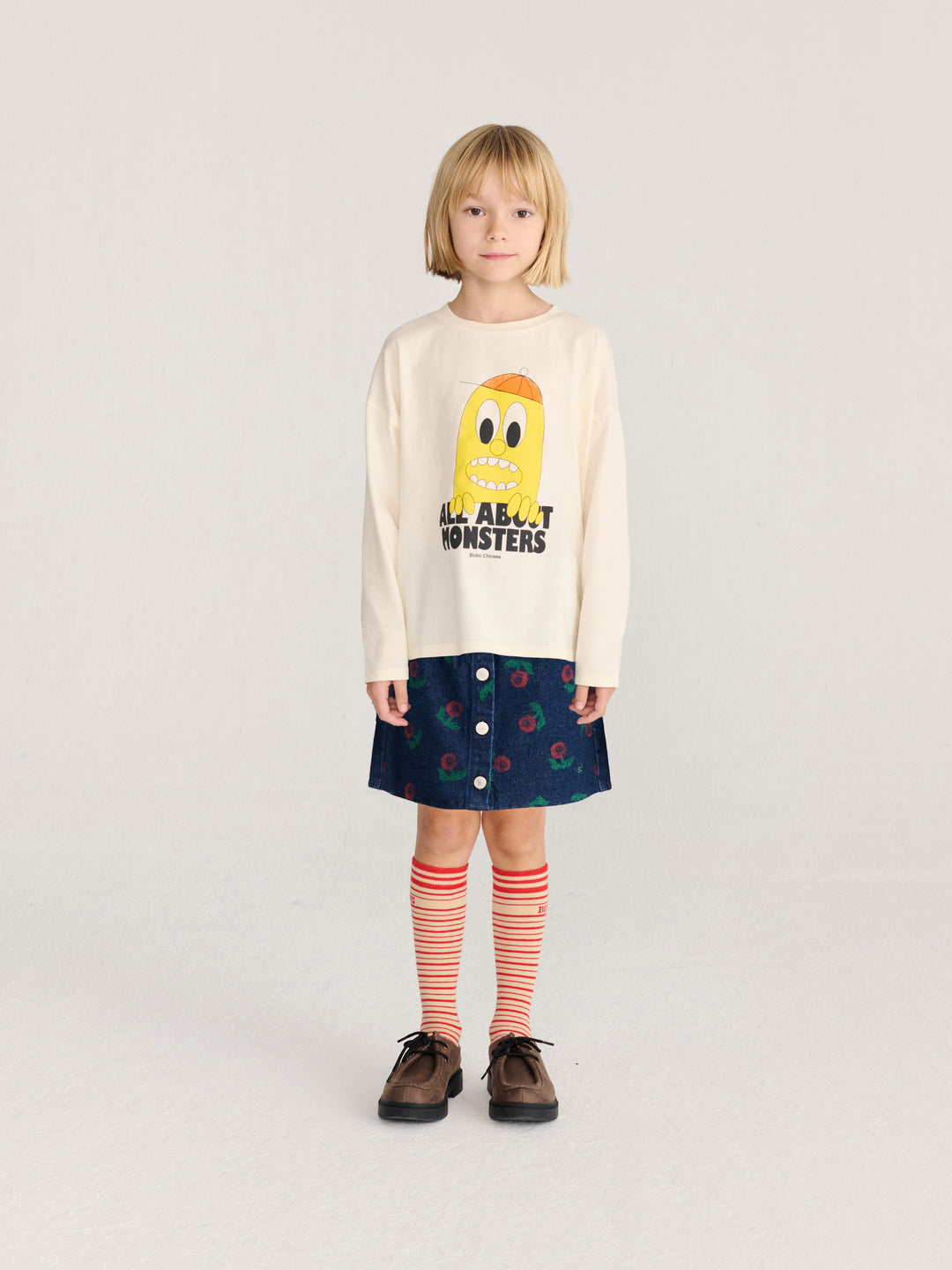 Fille avec T-shirt manches longues Bobo Choses en coton blanc avec imprimé monstre jaune
