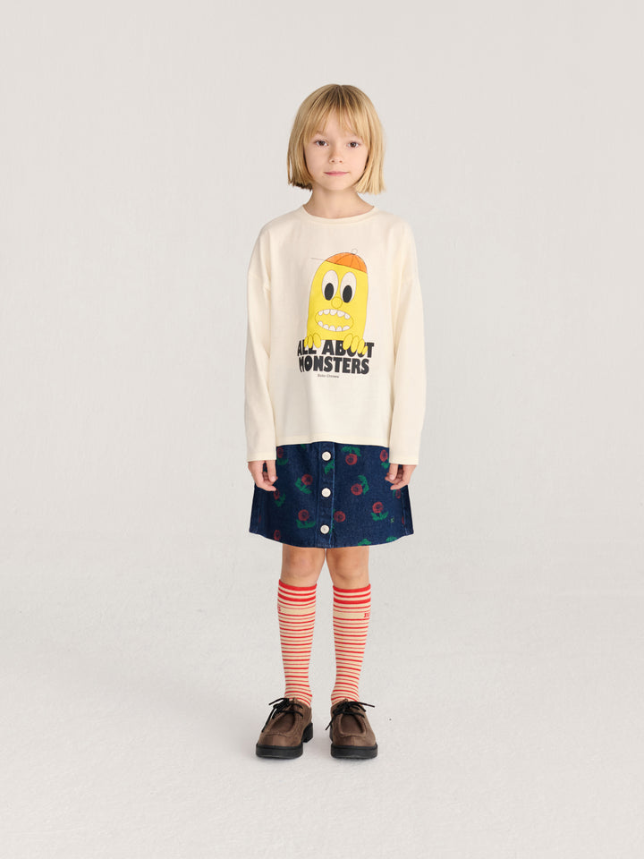 Fille avec T-shirt manches longues Bobo Choses en coton blanc avec imprimé monstre jaune