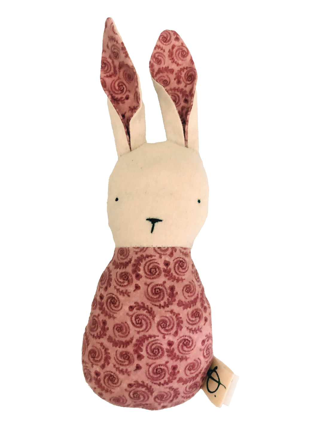 Hochet lapin Ouistitine en lin blanc et rose avec Spirales