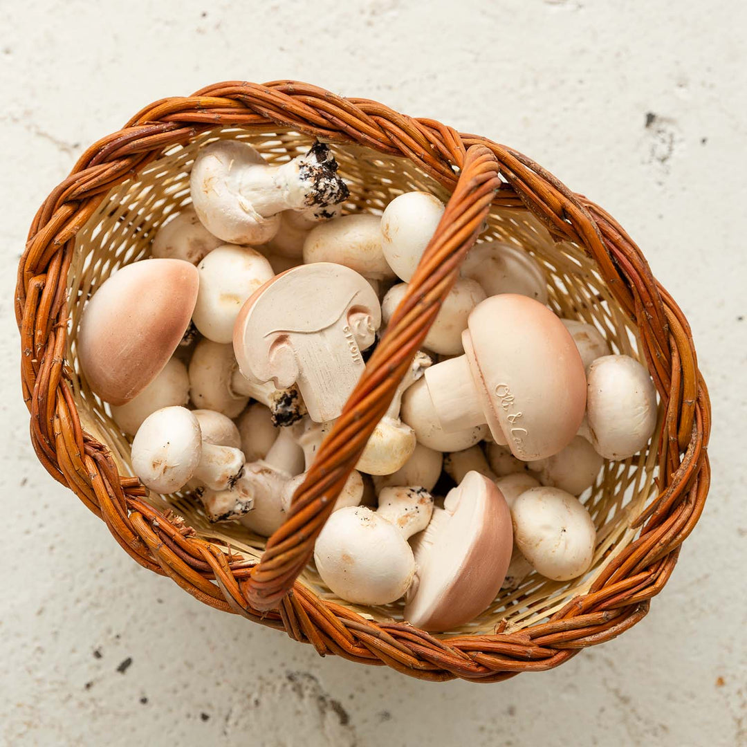 Jouet de dentition en caoutchouc en forme de champignon dans un panier