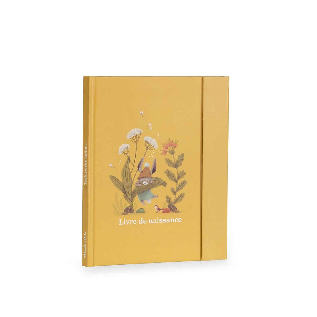 Livre de naissance jaune avec illustrations de trois petits lapins