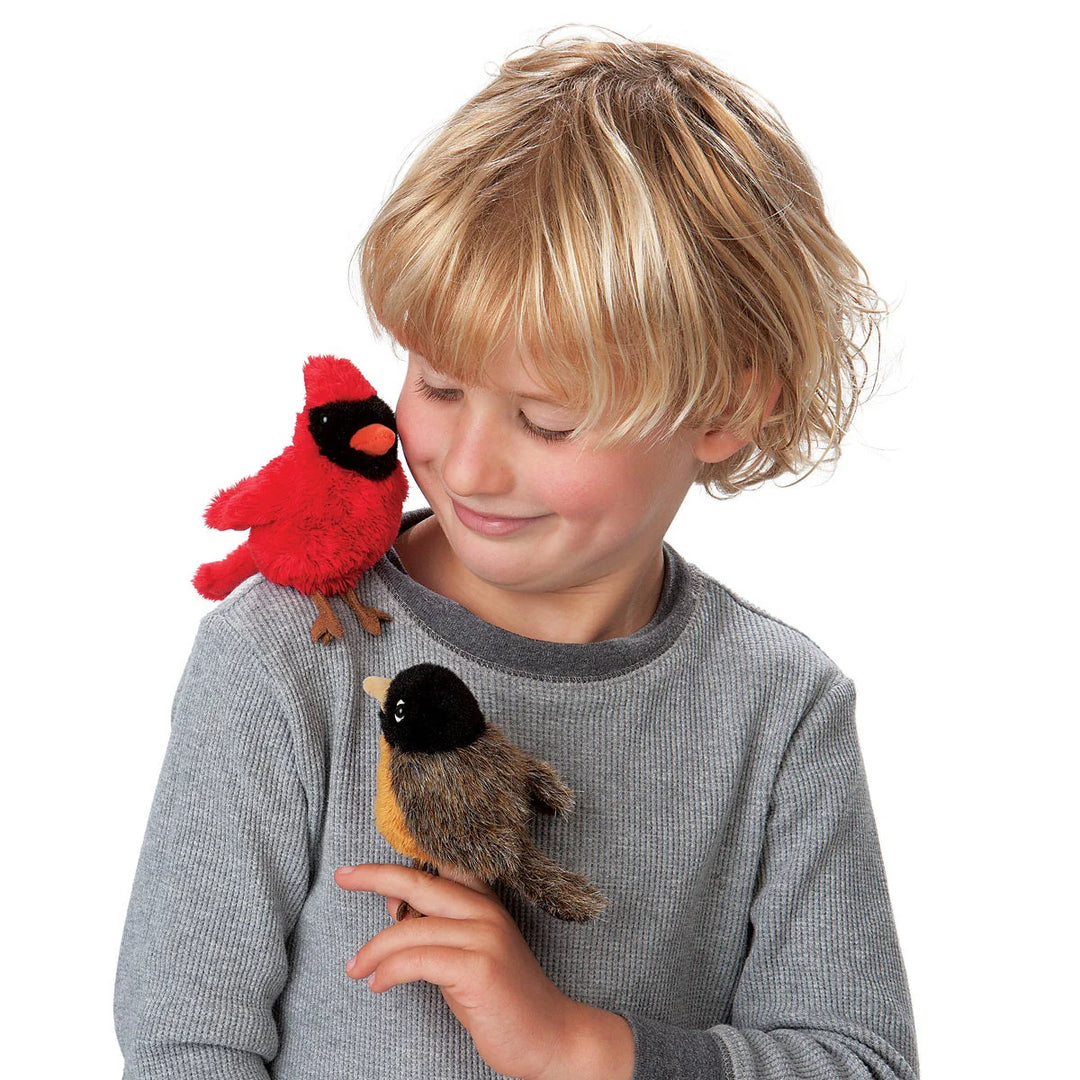 Enfant avec Marionnette à doigt Mini Cardinal et mini robin